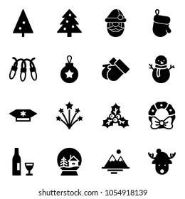 Solid vector icon set - christmas tree vector, santa claus, glove, garland, ball, gloves, snowman, candy, firework, holly, wreath, wine, snowball house, mountains, deer hat