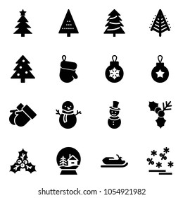 Solid vector icon set - christmas tree vector, glove, ball, gloves, snowman, holly, snowball house, snowmobile, sale