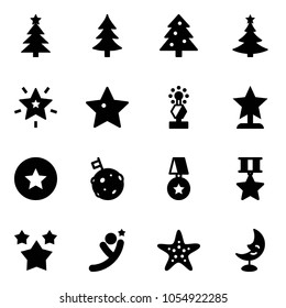 Solid vector icon set - christmas tree vector, star, award, medal, moon flag, stars, flying man, starfish, lamp