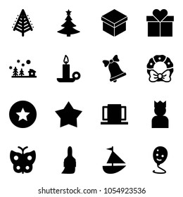 Solid vector icon set - christmas tree vector, gift, landscape, candle, bell, wreath, star medal, doors, king, butterfly, brush, sailboat toy, balloon smile