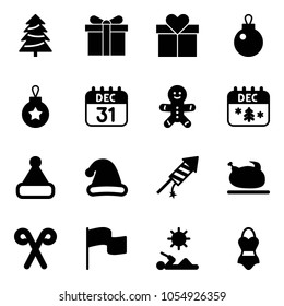 Solid vector icon set - christmas tree vector, gift, ball, 31 dec calendar, cake man, hat, firework rocket, turkey, santa stick, flag, reading, swimsuit