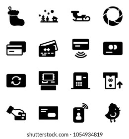Solid vector icon set - christmas sock vector, landscape, sleigh, wreath, credit card, tap pay, exchange, atm, envelope, identity, chicken toy