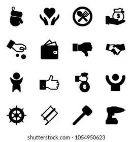 Solid vector icon set - christmas glove vector, heart care, fork spoon plate, investment, wallet, dislike, agreement, success, finger up, rich, hand wheel, bucksaw, rubber hammer, drill