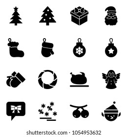 Solid vector icon set - christmas tree vector, gift, santa claus, sock, glove, ball, gloves, wreath, turkey, angel, bow message, sale, rowanberry, elf