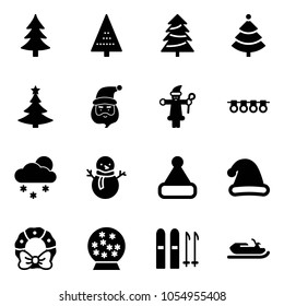 Solid vector icon set - christmas tree vector, santa claus, garland, snowfall, snowman, hat, wreath, snowball, ski, snowmobile