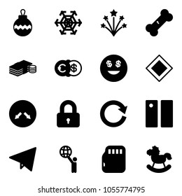 Solid vector icon set - christmas ball vector, snowflake, firework, broken bone, cash, euro dollar, smile, main road sign, detour, locked, reload, pause, paper fly, world, micro flash card