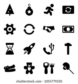 Solid vector icon set - christmas tree vector, ball, run, card exchange, gear, refresh, agreement, money, sand clock, rocket, phone, hammer, crocodile, bear toy, shovel fork, horse stick