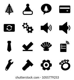 Solid vector icon set - christmas tree vector, hat, merry message, credit card, exchange, gear, volume medium, low, tie, check, shell, server wireless, wrench, bolt, beanbag