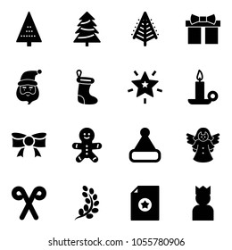 Solid vector icon set - christmas tree vector, gift, santa claus, sock, star, candle, bow, cake man, hat, angel, stick, golden branch, certificate, king