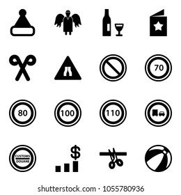 Solid vector icon set - christmas hat vector, angel, wine, star postcard, santa stick, Road narrows sign, prohibition, speed limit 70, 80, 100, 110, no truck overtake, customs, dollar chart, opening