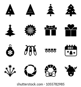 Solid vector icon set - christmas tree vector, firework, gift, ball, garland, calendar, wreath, deer hat