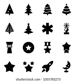 Solid vector icon set - christmas tree vector, ambulance star, award, medal, stars, rocket, moon lamp