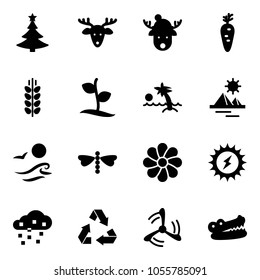 Solid vector icon set - christmas tree vector, deer, hat, carrot, spice, sprout, palm, pyramid, waves, dragonfly, flower, sun power, snow, recycling, wind mill, crocodile
