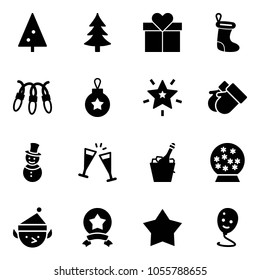 Solid vector icon set - christmas tree vector, gift, sock, garland, ball, star, gloves, snowman, wine glasses, champagne, snowball, elf, medal, balloon smile