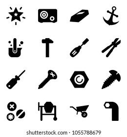 Solid vector icon set - christmas star vector, safe, gold, anchor, casting of steel, hammer, chisel, bolt cutter, screwdriver, screw, nut, rivet, concrete mixer, wheelbarrow, allen key