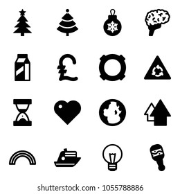 Solid vector icon set - christmas tree vector, ball, brain, milk, pound, currency, round motion road sign, sand clock, heart, globe, arrow up, rainbow, cruiser, bulb, beanbag