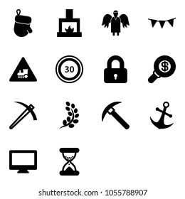 Solid vector icon set - christmas glove vector, fireplace, angel, flag garland, railway intersection road sign, speed limit 30, locked, search money, job, golden branch, rock axe, anchor, monitor