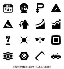 Solid vector icon set - christmas calendar vector, snowball house, ruble, turn right road sign, multi lane traffic, arrow up, rise, growth, pennant, sun, dragonfly, cpu, carbon, nut, staple, toy car