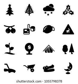 Solid vector icon set - christmas tree vector, snowfall, holly, rowanberry, tonometer, lemon, wild animals road sign, sprout, money, tent, forest, lawn mower, wheelbarrow, crocodile, moon lamp