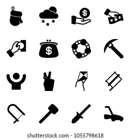 Solid vector icon set - christmas glove vector, snowfall, investment, cash pay, purse, friends, rock axe, success, victory, kite, bucksaw, fretsaw, rubber hammer, clinch, lawn mower