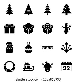 Solid vector icon set - christmas tree vector, gift, santa claus, ball, garland, firework, wreath, sleigh, deer hat, calendar