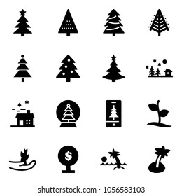 Solid vector icon set - christmas tree vector, landscape, house, snowball, mobile, sproute, hand, money, palm