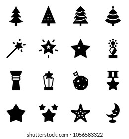 Solid vector icon set - christmas tree vector, Magic wand, star, award, moon flag, medal, stars, starfish, lamp