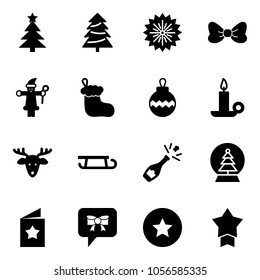 Solid vector icon set - christmas tree vector, firework, bow, santa claus, sock, ball, candle, deer, sleigh, champagne, snowball, star postcard, message, medal