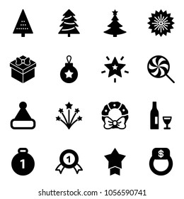 Solid vector icon set - christmas tree vector, firework, gift, ball, star, lollipop, hat, wreath, wine, gold medal, finger ring