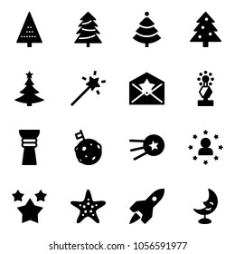 Solid vector icon set - christmas tree vector, Magic wand, star letter, award, moon flag, first satellite, man, stars, starfish, rocket, lamp