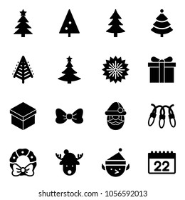 Solid vector icon set - christmas tree vector, firework, gift, bow, santa claus, garland, wreath, deer hat, elf, calendar