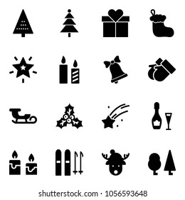 Solid vector icon set - christmas tree vector, gift, sock, star, candle, bell, gloves, sleigh, holly, falling, wine, ski, deer hat, forest