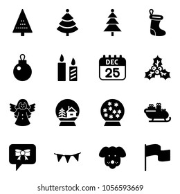 Solid vector icon set - christmas tree vector, sock, candle, 25 dec calendar, holly, angel, snowball house, santa sleigh, bow message, flag garland, dog