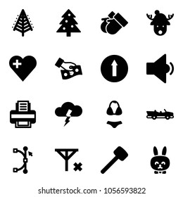 Solid vector icon set - christmas tree vector, gloves, deer hat, heart, cash pay, only forward road sign, low volume, printer, storm, swimsuit, cabrio, bezier, no signal, rubber hammer, toy rabbit