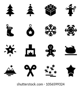 Solid vector icon set - christmas tree vector, gift, santa claus, sock, ball, snowflake, star, fireplace, cake man, turkey, mountains, stick, sale, medal