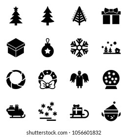 Solid vector icon set - christmas tree vector, gift, ball, snowflake, landscape, wreath, angel, snowball, santa sleigh, sale, elf
