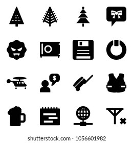 Solid vector icon set - christmas tree vector, bow message, virus, safe, save, standby, helicopter, money dialog, suitcase, life vest, beer, terms plan, globe, no signal