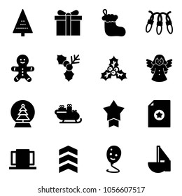 Solid vector icon set - christmas tree vector, gift, sock, garland, cake man, holly, angel, snowball, santa sleigh, star medal, certificate, doors, chevron, balloon smile, sailboat toy
