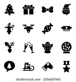 Solid vector icon set - christmas tree vector, gift, bow, santa claus, deer, candy, holly, wine glasses, angel, snowball, merry message, sleigh, dog, star medal