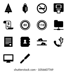 Solid vector icon set - christmas tree vector, drop counter, no smoking sign, atm, account history, speed limit 80 road, 110, network folder, agreement, contact book, flip flops, phone, monitor