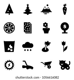 Solid vector icon set - christmas tree vector, mountains, carrot, lemon slice, breads, flower pot, money, garbage, rain cloud, palm, tulip, sun power, lawn mower, wheelbarrow, toy cat