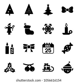 Solid vector icon set - christmas tree vector, bow, santa claus, sock, snowflake, candle, 25 dec calendar, candy, holly, rowanberry, sleigh gift, elf