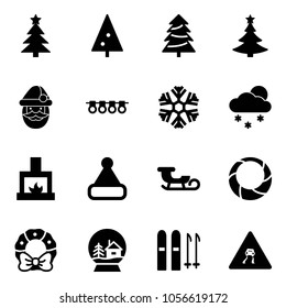 Solid vector icon set - christmas tree vector, santa claus, garland, snowflake, snowfall, fireplace, hat, sleigh, wreath, snowball house, ski, slippery road sign
