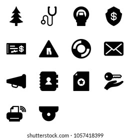 Solid vector icon set - christmas tree vector, stethoscope, mri, safe, check, Road narrows sign, lifebuoy, mail, speaker horn, contact book, certificate, key hand, printer wireless