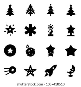 Solid vector icon set - christmas tree vector, star, ambulance, award, medal, moon flag, first satellite, starfish, rocket, lamp