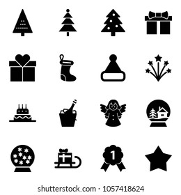 Solid vector icon set - christmas tree vector, gift, sock, hat, firework, cake, champagne, angel, snowball house, sleigh, gold medal, star