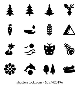 Solid vector icon set - christmas tree vector, holly, carrot, drop hand, spica, landslide road sign, palm, waves, butterfly, shell, flower, dolphin, forest, crocodile