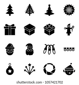 Solid vector icon set - christmas tree vector, firework, gift, santa claus, garland, ball, wreath, elf