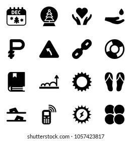 Solid vector icon set - christmas calendar vector, snowball tree, heart care, drop hand, ruble, turn left road sign, link, circle chart, book, growth, sun, flip flops, mobile phone, power, atom core