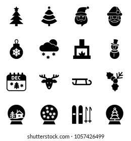Solid vector icon set - christmas tree vector, santa claus, ball, snowfall, fireplace, snowman, calendar, deer, sleigh, holly, snowball house, ski